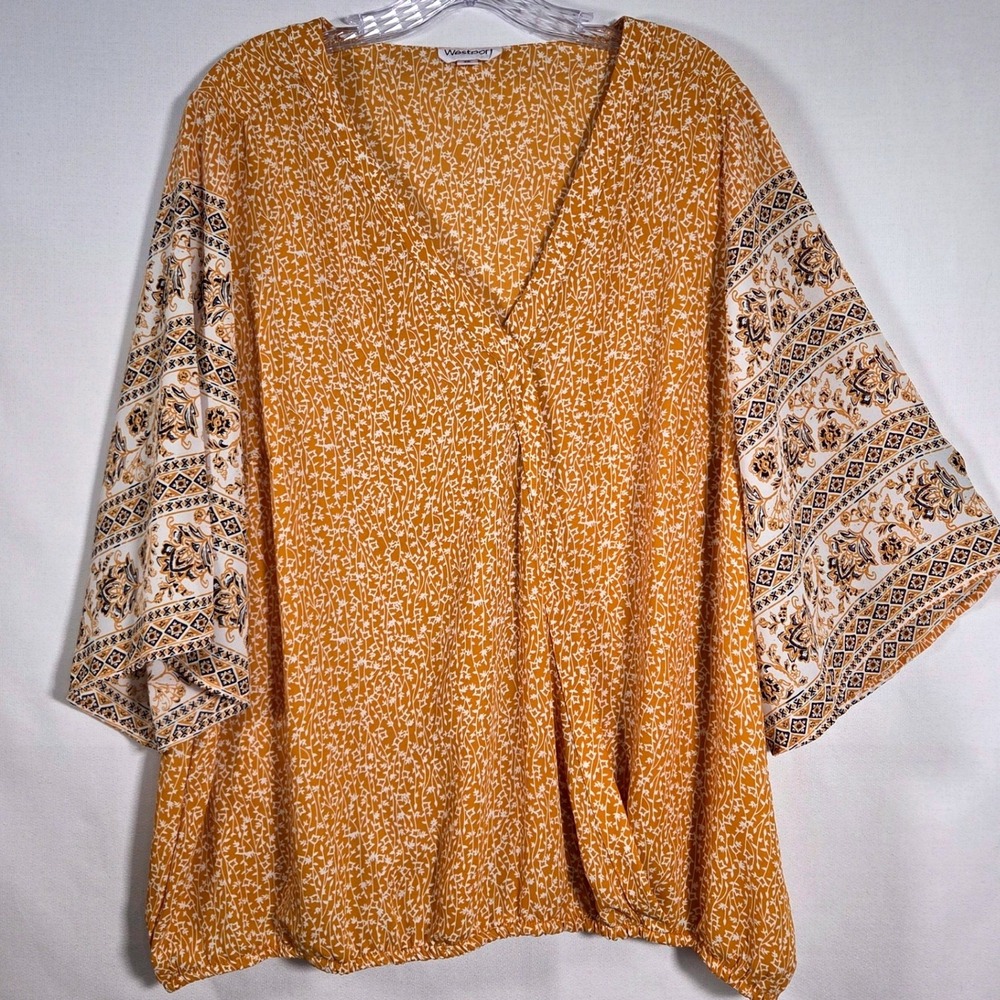 Womens 2X Yellow Floral Boho Bubble Hem Kimono Sleeve Blouse Cottagecore Boho